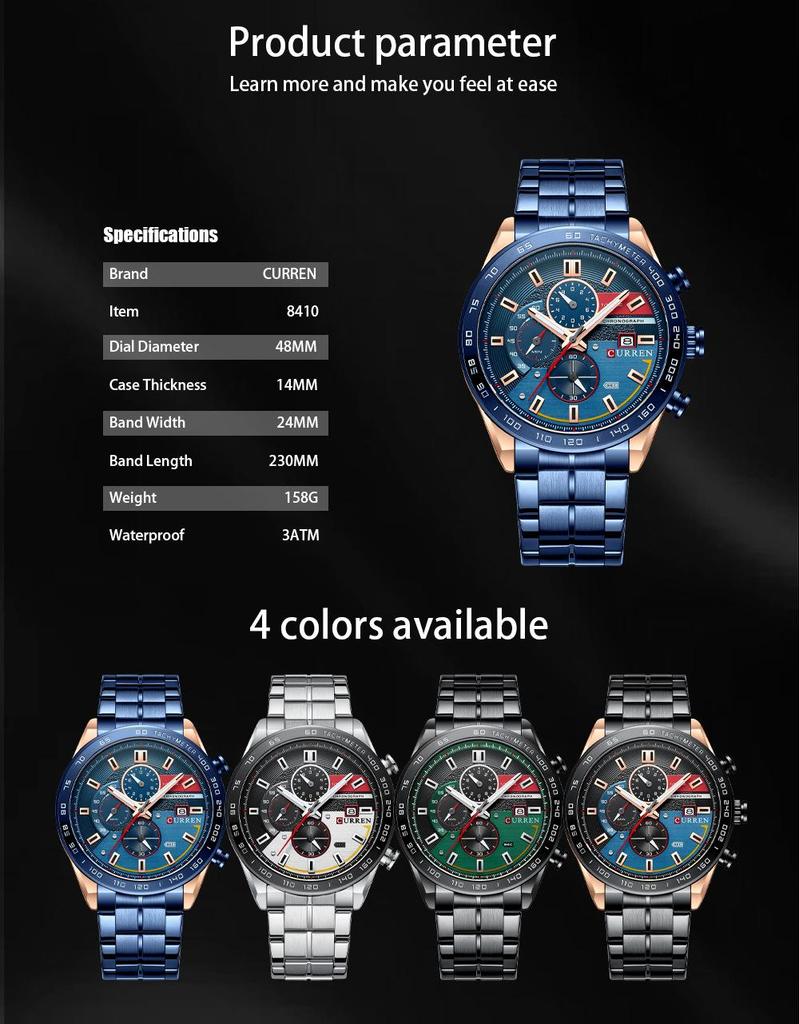 CURREN 8410 Men's Waterproof Chronograph Quartz Watch with Steel Band