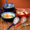 Bohemian Style Ceramic Soup Bowl with Handle Microwave Safe Embossed Design Great for Serving Soups Salads Ramen Noodles