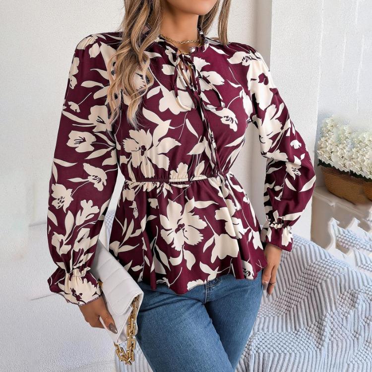 

Женская блузка с длинным рукавом и V-образным вырезом, топ с принтом перьев, весенне-осенняя модная темпераментная рубашка XL бордовый