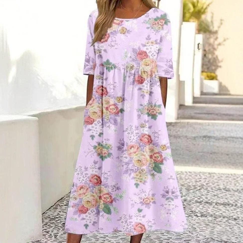 Light Gray Yellow Flower Printed Cotton and Linen Long Dress Round Neck Seven-quarter Sleeve Belly Cover Lazy Versatile Seaside Vacation Pocket Dress