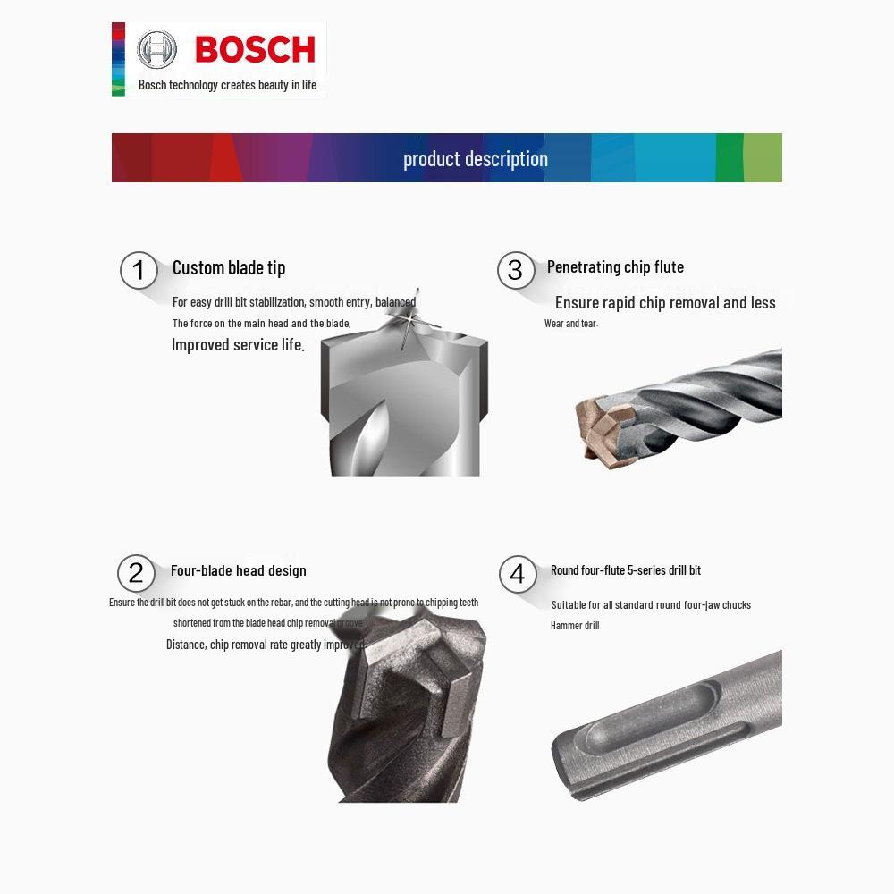 Bosch 5-Series Electric Hammer Drill Bit, Four-Groove, Cross Wall-Penetrating, Extended Length, Round Shank for Concrete.