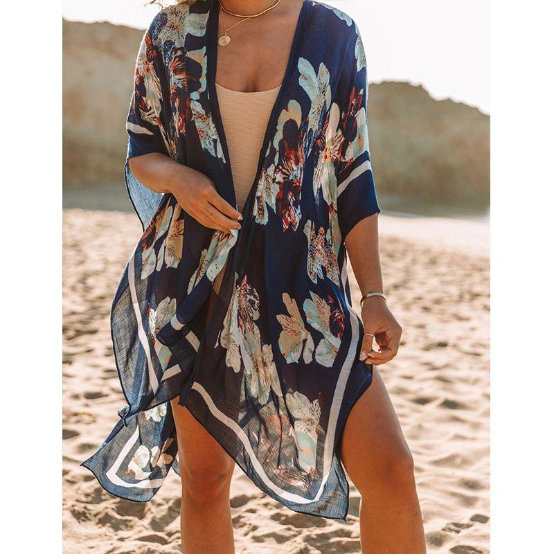 

Mid Length Slit Print Beach Sun Cover Up Resort Style Positioning flower navy blue All yards