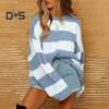 Women Pullover Sweater Wide Striped Color Block Crew Neck Long Sleeve Ribbed Cuffs Oversized Sweater Casual Knitwear