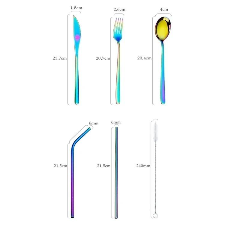 6 Ps/set Portable Outdoor Travel Dinneware Set 304 Stainless Steel Knife and Fork Spoon Straws Tableware Set