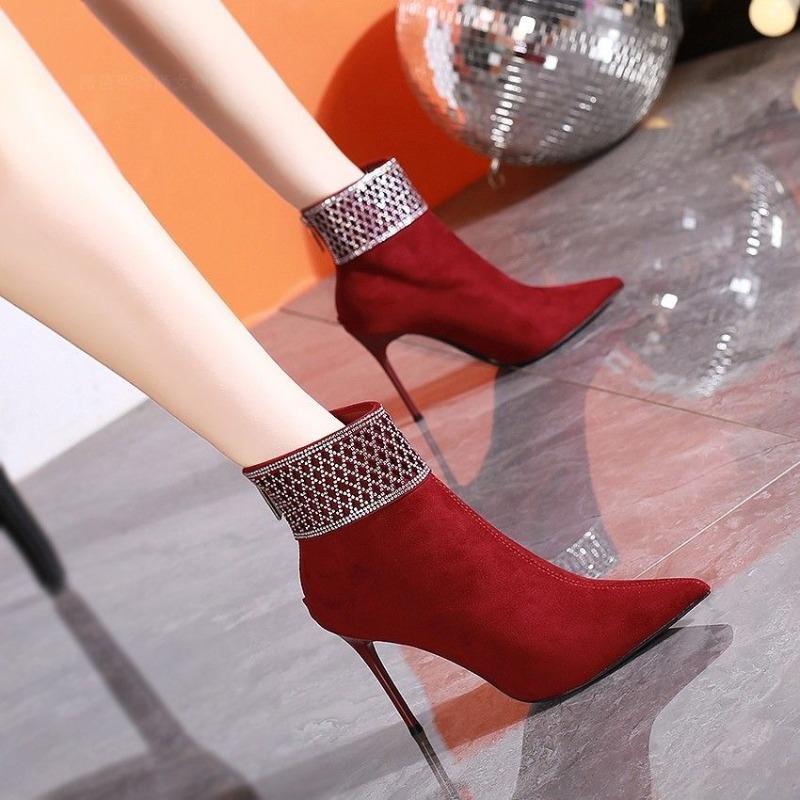 Women's Slim Heel Single Boots Winter New Pointed Suede Back Zipper Anti-slip Wear-resistant High Heels
