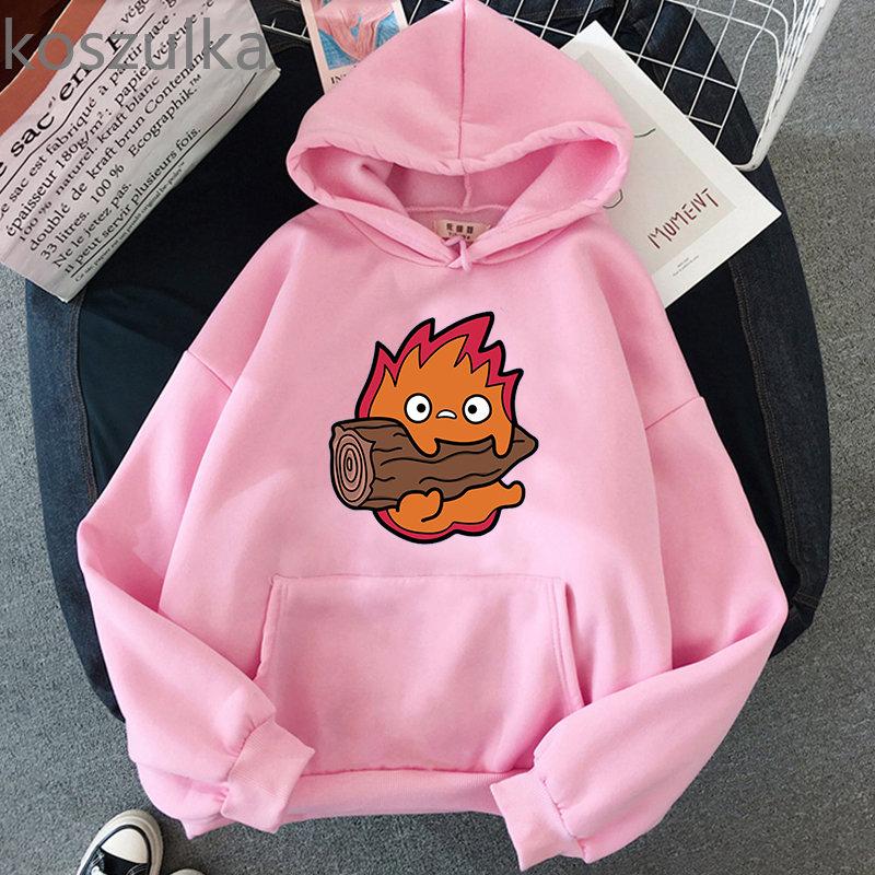 Howl's Moving Castle Calcifer Hettegensere Løs Fleece Hettegenser Tegneserie Calcifer Vintage Pullovers Gensere Vinter Dame Streetwear