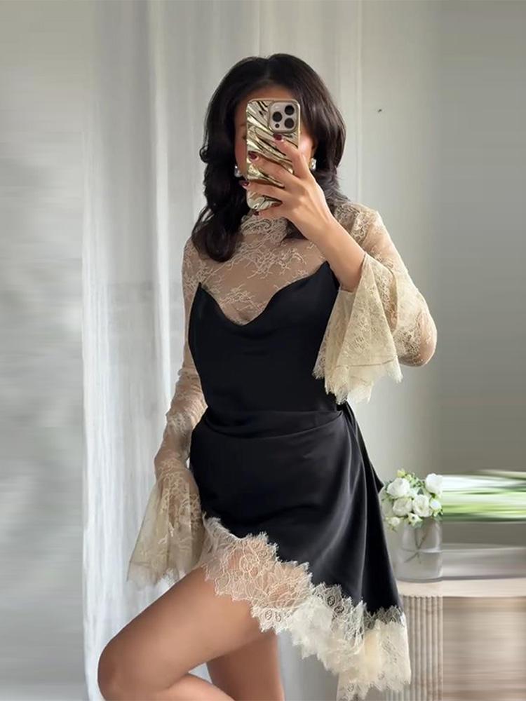 Women's Lace Patchwork Short Dress Ladies' Fashionable Floral Bud Cuff Dress Black 2025 New Collection