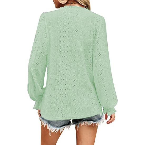 GMXIA Women's V-neck T-shirt Autumn Hollow Casual Pleated Sleeve Top Shirt