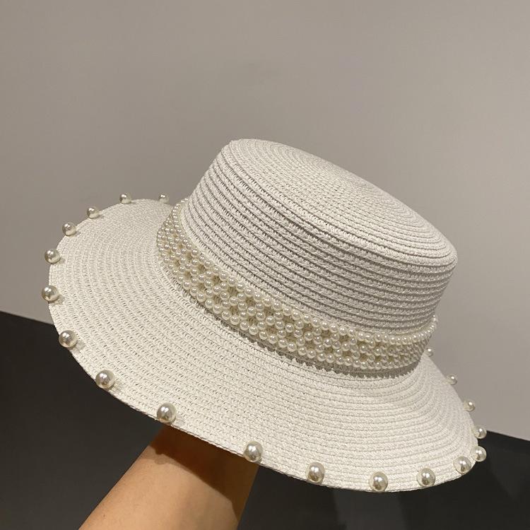 Summer Hat Female Sunshade Beach Seaside Big Eaves Sun Protection Flat Top Straw Hat Retro Pearl Fashion Vacation Sun Hat