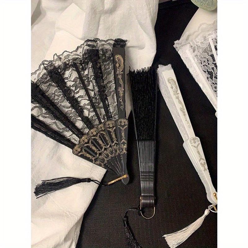 1pc New Chinese Vintage Black Lace Folding Fan Cheongsam Fan Tasseled Old-Fashioned Style Best Gifts Birthday Decorative Fan