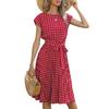 Women Polka Dot Print Midi Dress Crewneck Short Sleeve A-line Dress with Belt Summer