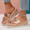 Summer new large size open-toe belt buckle thick-bottomed cool slippers women's slope heel rivet muffin bottom one-word slippers