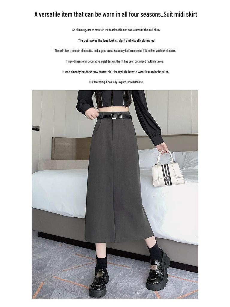 Women's 2024 High-Waist Black A-Line Split Skirt: Elegant, Versatile for Spring & Autumn