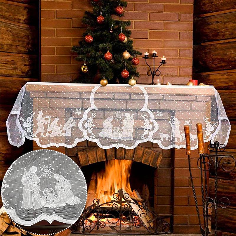 1PC Nativity Scene Mantle Cover Party Supplies Lace Pattern Christmas Fireplace Scarf Dinner White Holiday 50.8*228cm