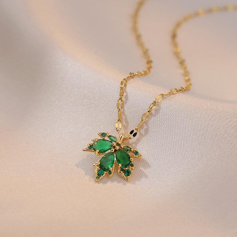 Trendy Zircon Apricot Leaf Pendant Necklace Stainless Steel Vintage Maple Plant Choker Jewelry Party Gifts For Women Girls