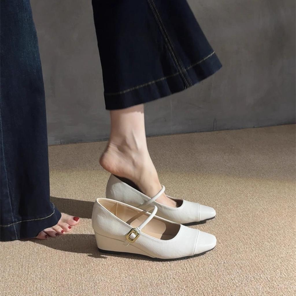 French wedge heel splicing square head Mary Jane shoes 2025 new high heels Korean version commuter shoes one word with single shoes women