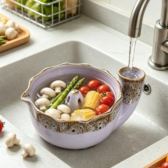 Multifunctional Kitchen Basin Ceramic Berry Bowl with Strainer Holes, Self-Spinning Vortex Design, Fruit Washing Rinse for Berries Vegetables Colander