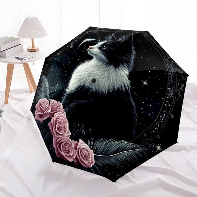1 PC Automatic Folding Umbrella - Black and White Cat with Moon Pattern, Portable & Foldable Design with 8 Ribs, Christmas Birthday Gifts