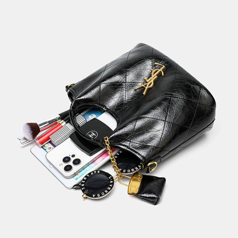 Women's Quilted Chain Shoulder Crossbody Bag New Black Soft Leather Tote Bag Shiny PU Lining