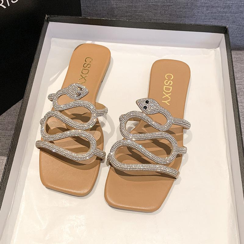 

Stunning color~ European and American rhinestone high-end square slippers women wear snake-shaped cool slippers in summer women 40 хакі