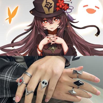 7 Stück Spiel Genshin Impact Hu Tao Ring Cosplay Zubehör Ringe Set Requisiten Projekt Charaktere Anime Metallring Geschenk für Unisex