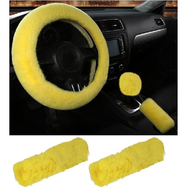 5 PCS Fluffy Steering Wheel Covers Set, Faux Wool Steering Wheel Cover & Handbrake Cover & Gear Shift Cover & 2 Seat Belt Shoulder Pads, Universal