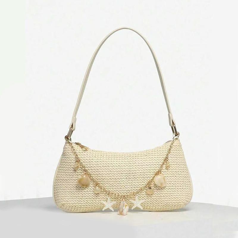 

Summer Straw Handbag Purse Chic Weaving Shoulder Bags with Seashell Embellishments Tote Bag for Women Vacation 13.5x4x26cm бежевый