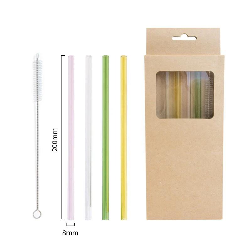 4PCS Reusable Glass Straws Multi-Color Drinking Straw for Milk Tea Juice Cocktail Straight & Bent Straw with Cleaning Brush