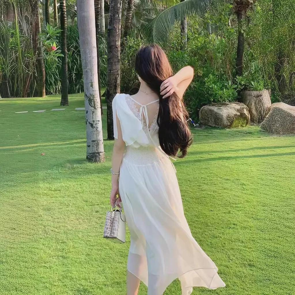 2024 Damen Hochwertiges Hellaprikosenfarbenes Chiffon-Trägerkleid mit V-Ausschnitt, Überknielang