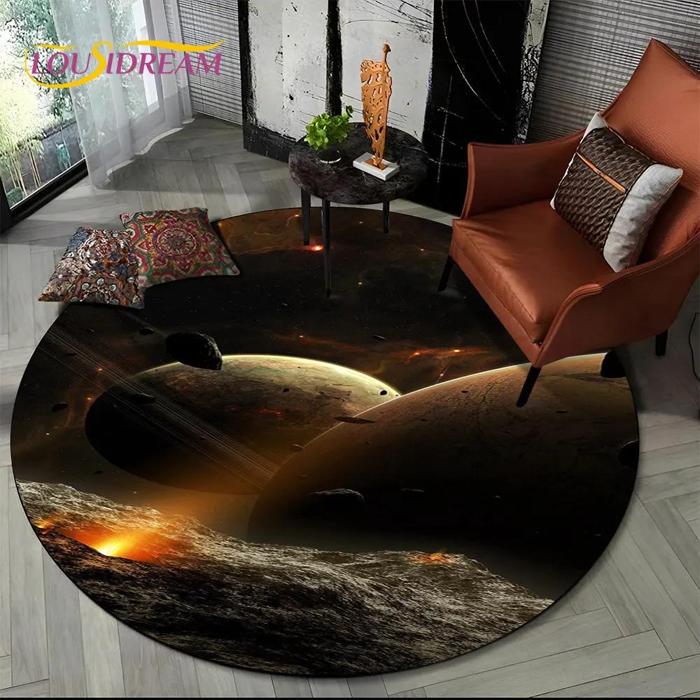 Earth Space Fixed Stars Galaxy Round Area Rug,Carpet for Living Room Children's Bedroom Sofa Playroom Decor,Non-slip Floor Mat