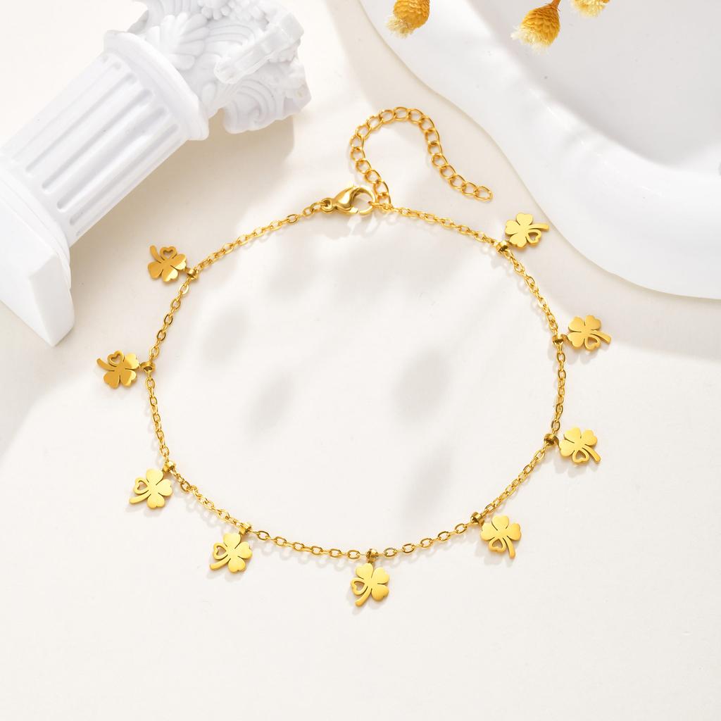 Unique Hollow Flower Anklet Four-leaf Clover for Women, Stainless Steel Water Drop Anklets,Trendy Holiday Beach Jewelry Gifts