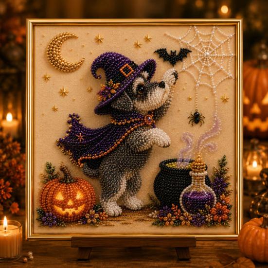 Seasonal Home Decor Projects Halloween Faux Pearl Painting Kit, Puppy Art DIY Witch Stress Relieving Hobbies Hat Bead Craft Kit for Adults And Teens,