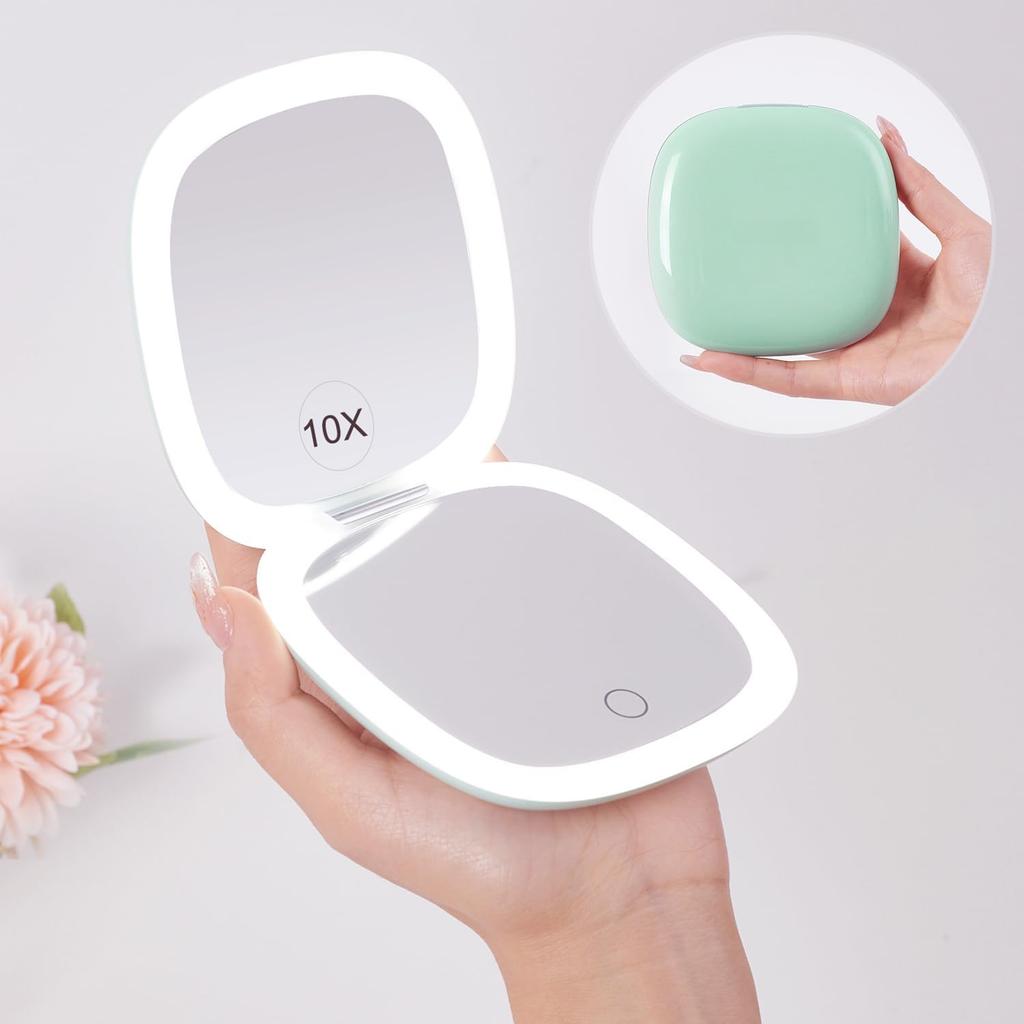 Specchio per Trucco da Viaggio LED Compatto Ingrandente 1X/10X Piccolo da Mano Tascabile Dimmerabile a 2 Lati Ricaricabile USB Touch Screen Portatile
