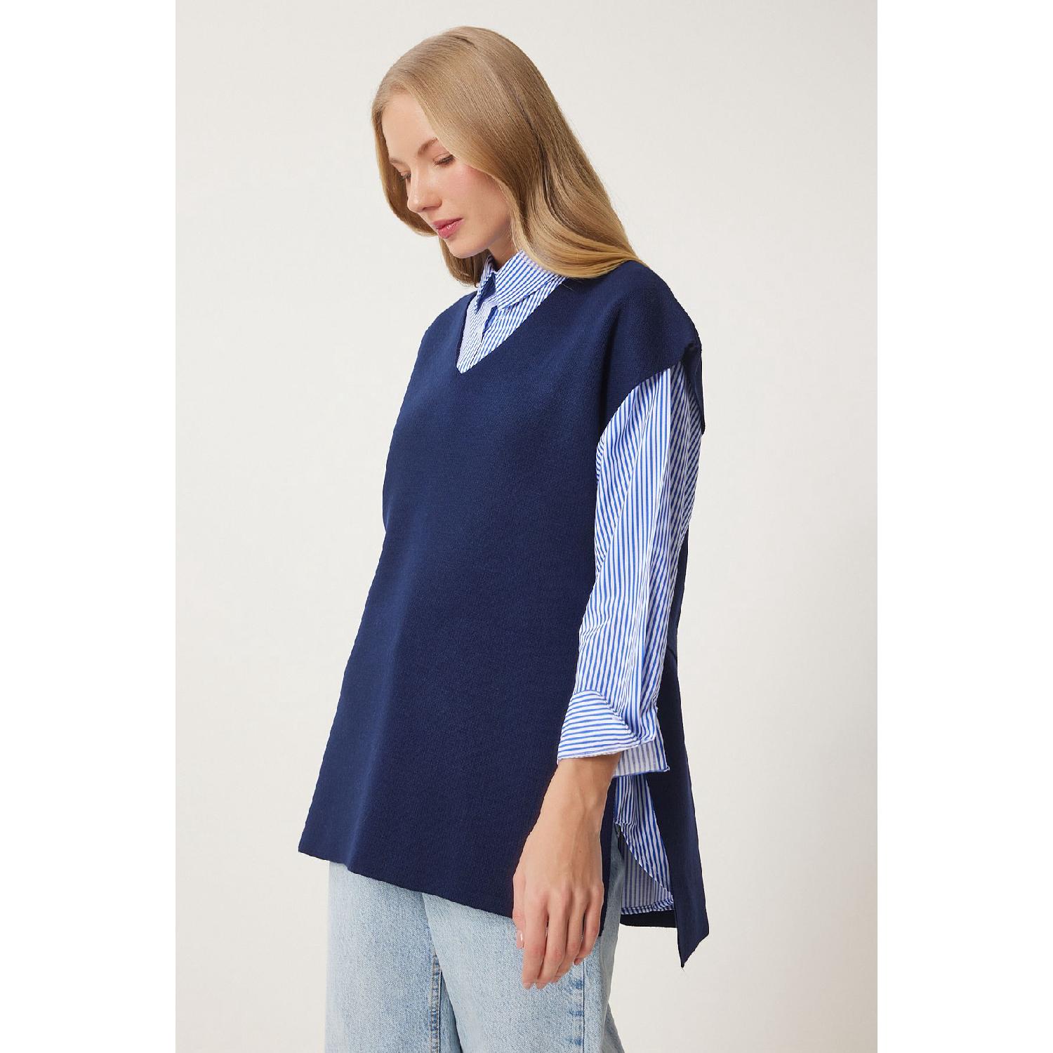 

Women s Navy Blue V-neck Belted Long Knitwear Sweater Us00185 Standart чорний