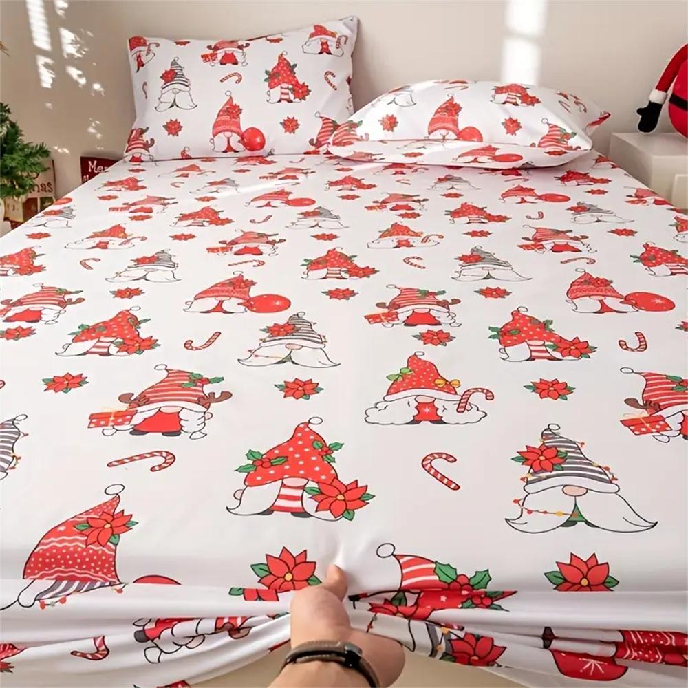 3 Pieces Festive Christmas Bed Sheet Set with White Background and Elderly Santa Hats - Includes Pillow Cases - Machine Washable