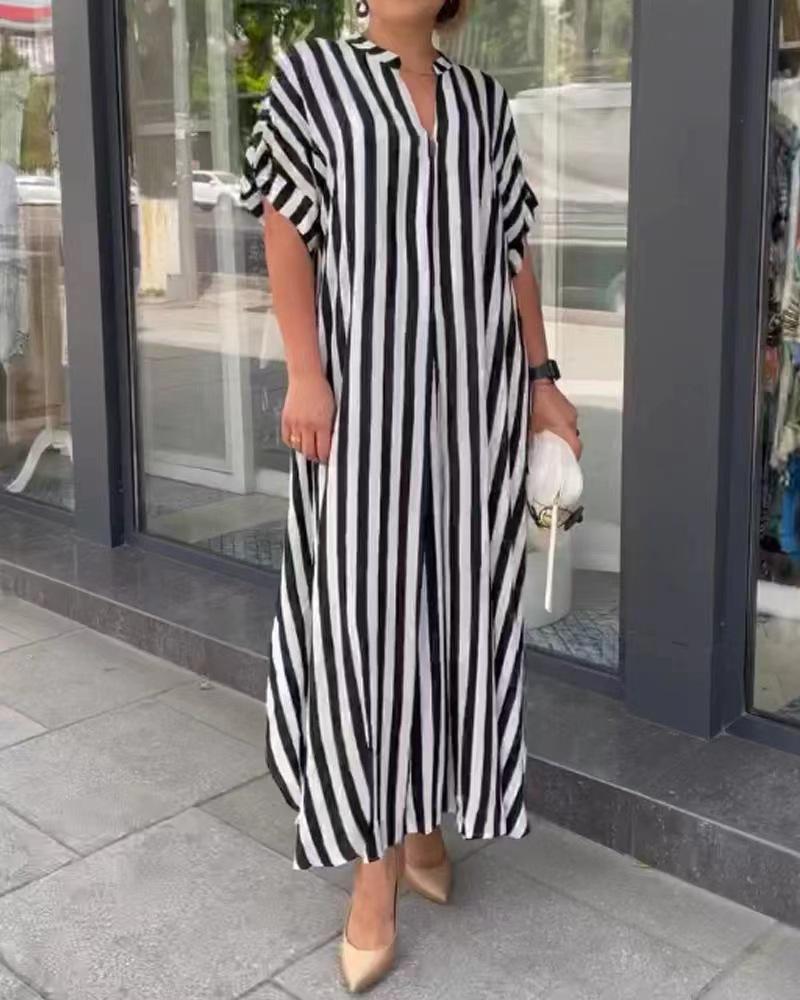 In stock, European and American women's clothing fashion trend split-ended loose casual striped dress