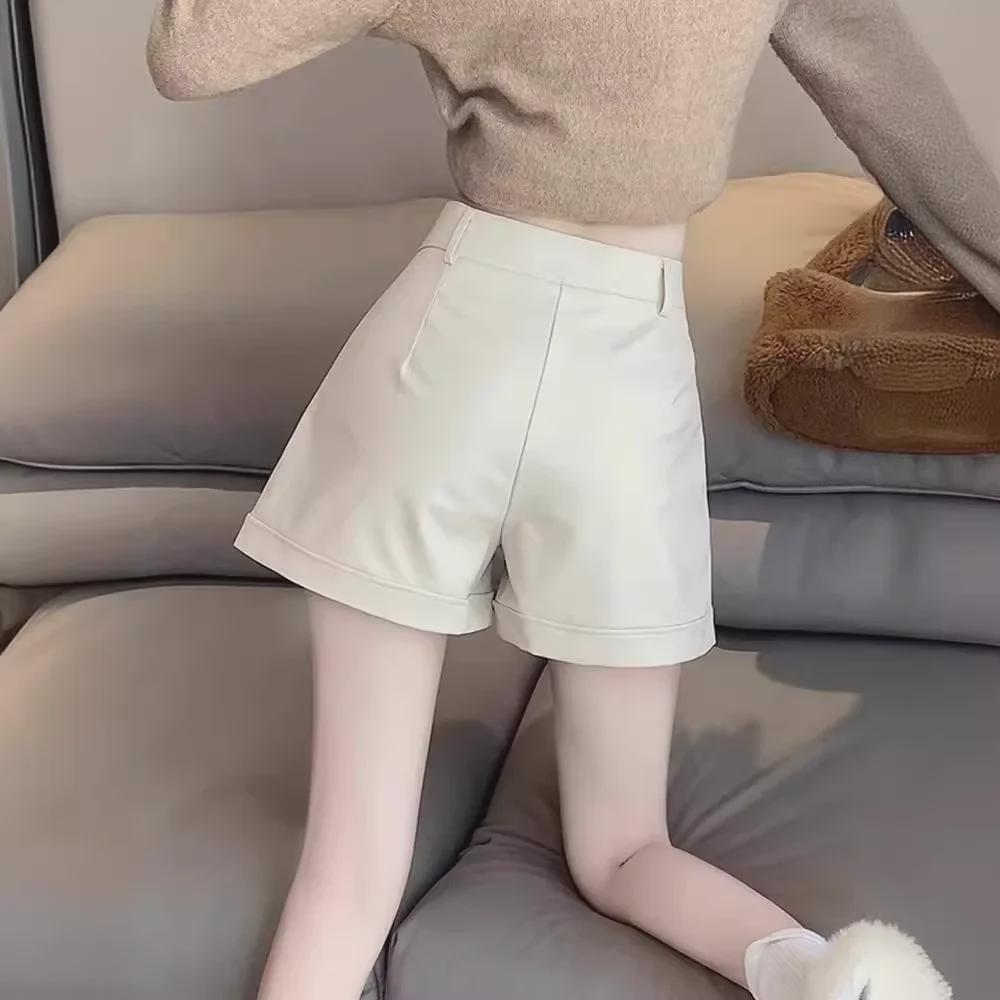 Dámské šortky z PU kůže s vysokým pasem - Slim, volný střih, široké nohavice, ležérní na jaro, podzim, zimu, americký styl.