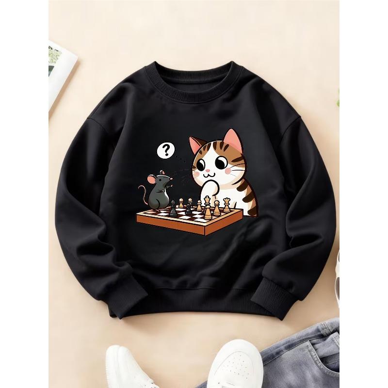 Kids Crewneck Long Sleeve Sweatshirt, Fun Cat and Mouse Chess Cartoon Print 110 чёрный