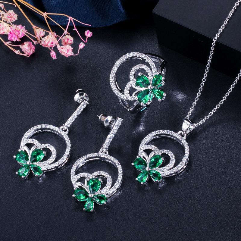 Simple Flower Zircon Set Necklace Earrings Ring Three-Piece Set Multi-Color Optional