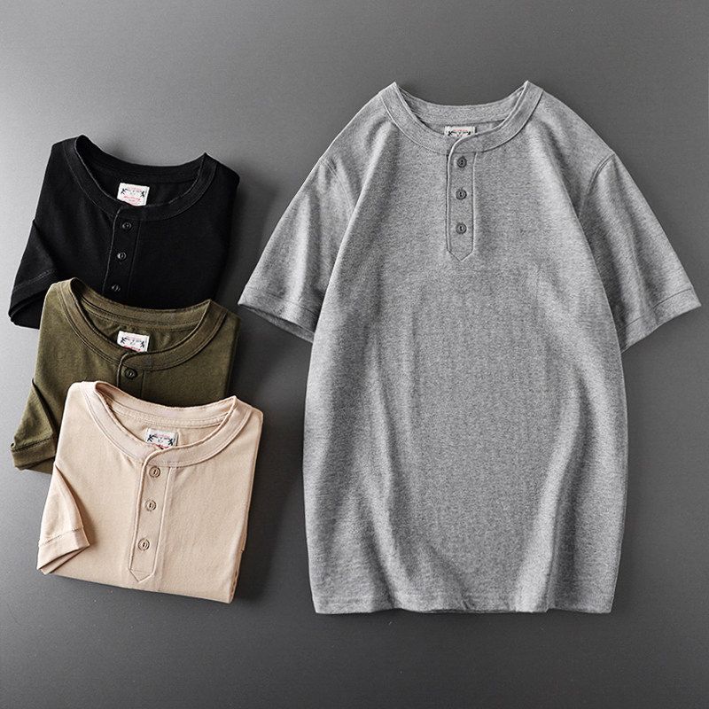 American Retro Henley Shirt Heavy Weight Pure Cotton Short Sleeve Amekaji Henry Collar T-Shirt Export Export Menswear T-shirt