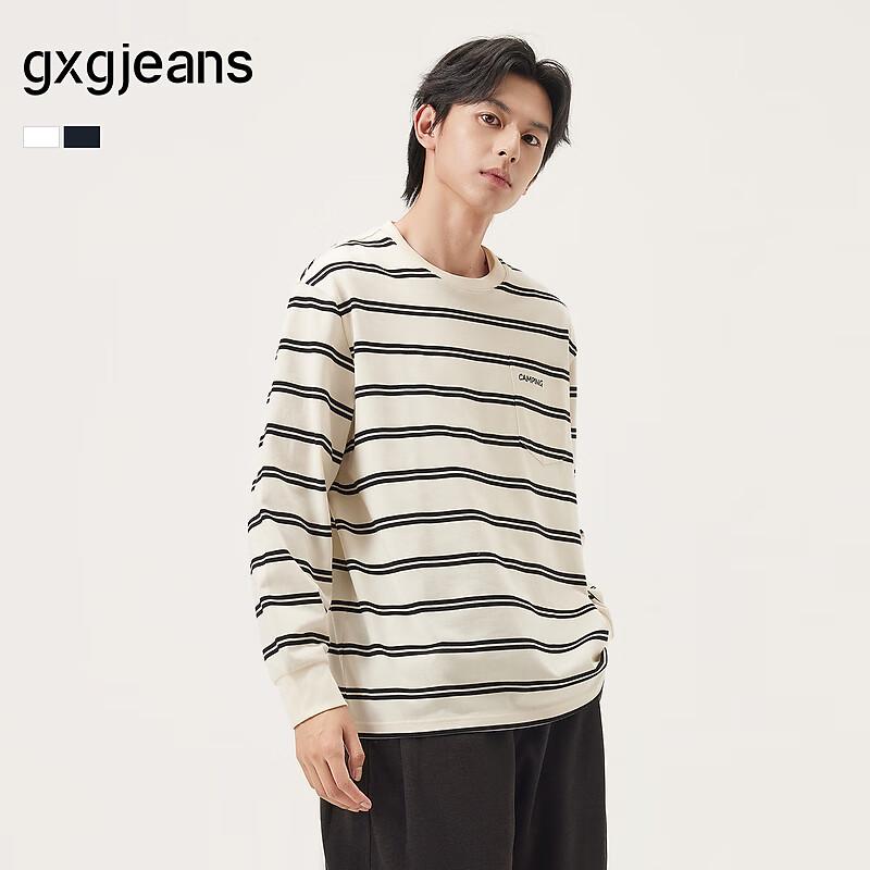 GXGJEANS Men s Color Block Stripe Loose Fit Crew Neck Long Sleeve T-Shirt XL