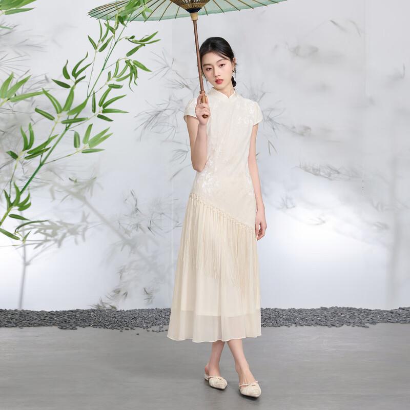 Sancai New Chinese Style Tasseled Burnout A-Line Long Dress