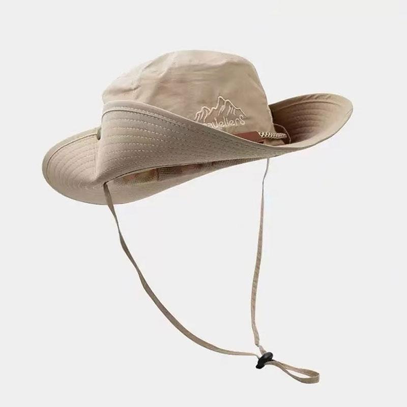 Khaki Outdoor Sun Hat For Men, Wide Brim, Sunscreen Hiking Hat, Adjustable Strap, Anti-Fall Fishing Hat
