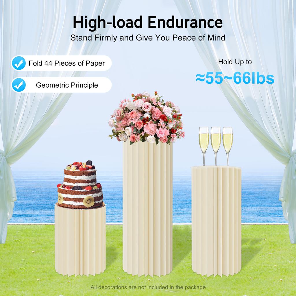 3 Pcs Heavy Duty Cardboard Flower Stand Set,Folding Display Shelf for Wedding Birthday Party Decor,Milky White Modern Backdrop