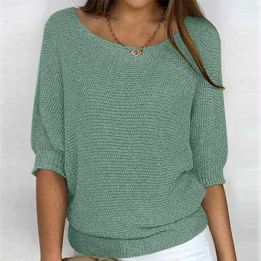 Women's Spring/Autumn Solid Color Round Neck Knitted Sweater, Plus Size, Elegant 3/4 Sleeve Top for Work
