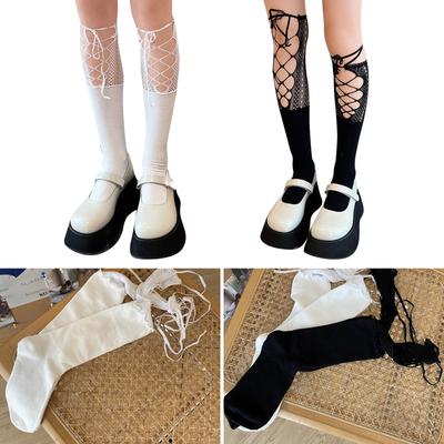 Women Decorations Sock Long Fishnet Stockings Fashion Lace Mesh Lacing Up Knee Sock Sexy Patchwork Calf Socks Lace Socks