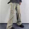 High Street Style Retro Alt Gewaschen Gelb Schlamm Frühling und Herbst Jeans Locker Amerikanisches Design Dekonstruktion Weite Hosen Herren