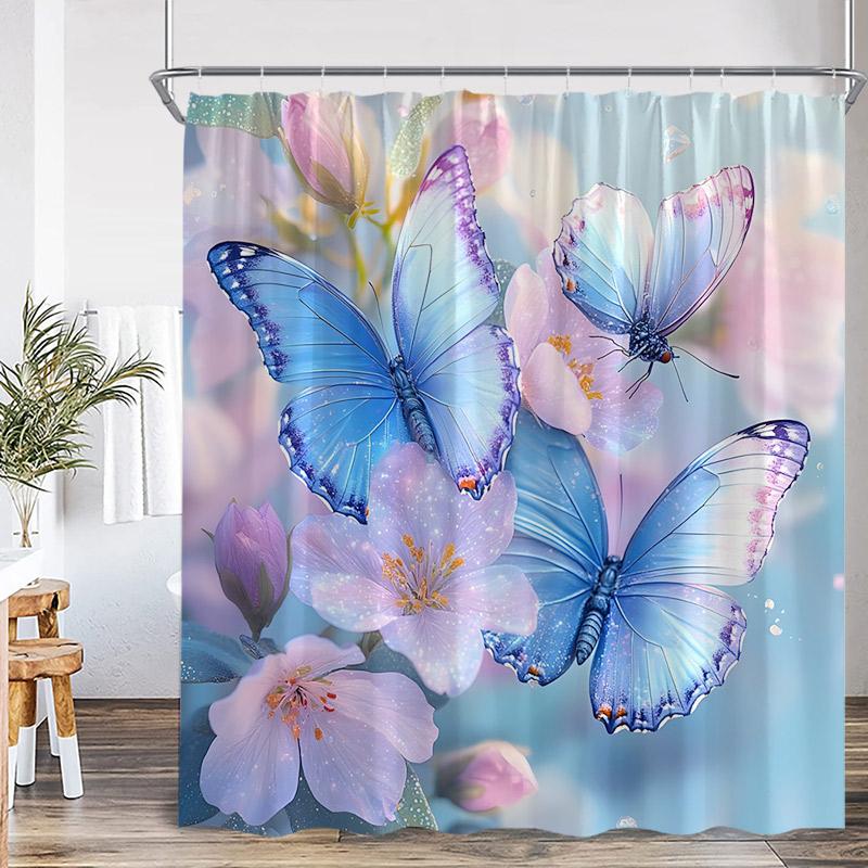Floral Butterfly Shower Curtains Vintage Paris Tower Butterflies Watercolour Pink Purple Flowers Bath Curtain Bathroom Decor Set