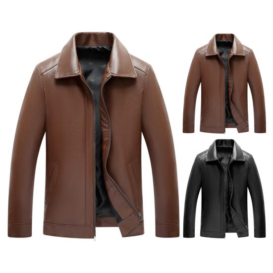 Men Slim Fit Jacket Faux Leather Lapel Bomber Jacket Vintage Zipper Coat Windproof