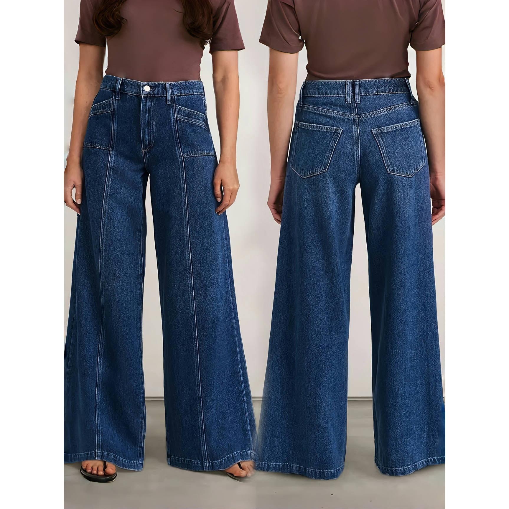 

Женские джинсы глубокого синего цвета с широкими штанинами - Стильные джинсовые брюки для комфорта и универсальности M